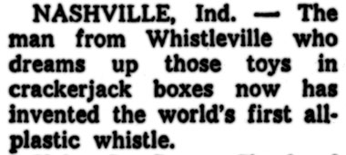 Whistle newspaper clipping - World's 1st all plastic whistle